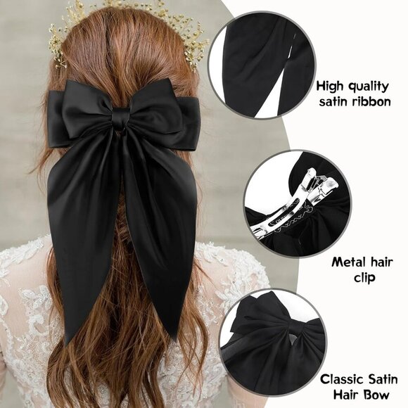 4Pcs Hair Bow Clips for Women Girls Silky Satin Bow Hair Clips Hair Ribbon with - Picture 5 of 7